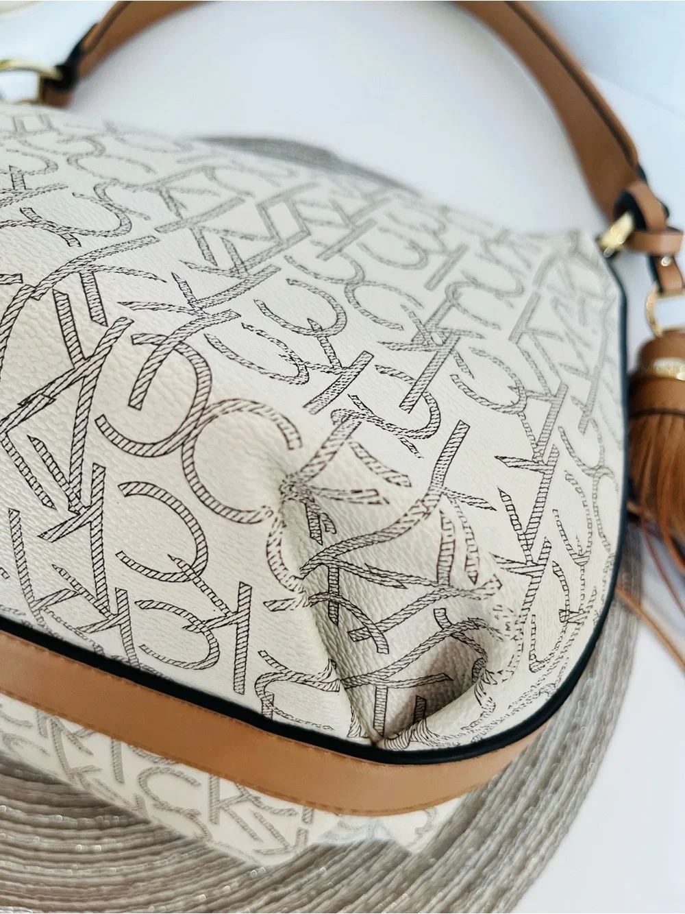 CALVIN KLEIN Shoulder Bag “HOLLY” Monogram Hobo Gold-Tone Tassel 13x11x6”
